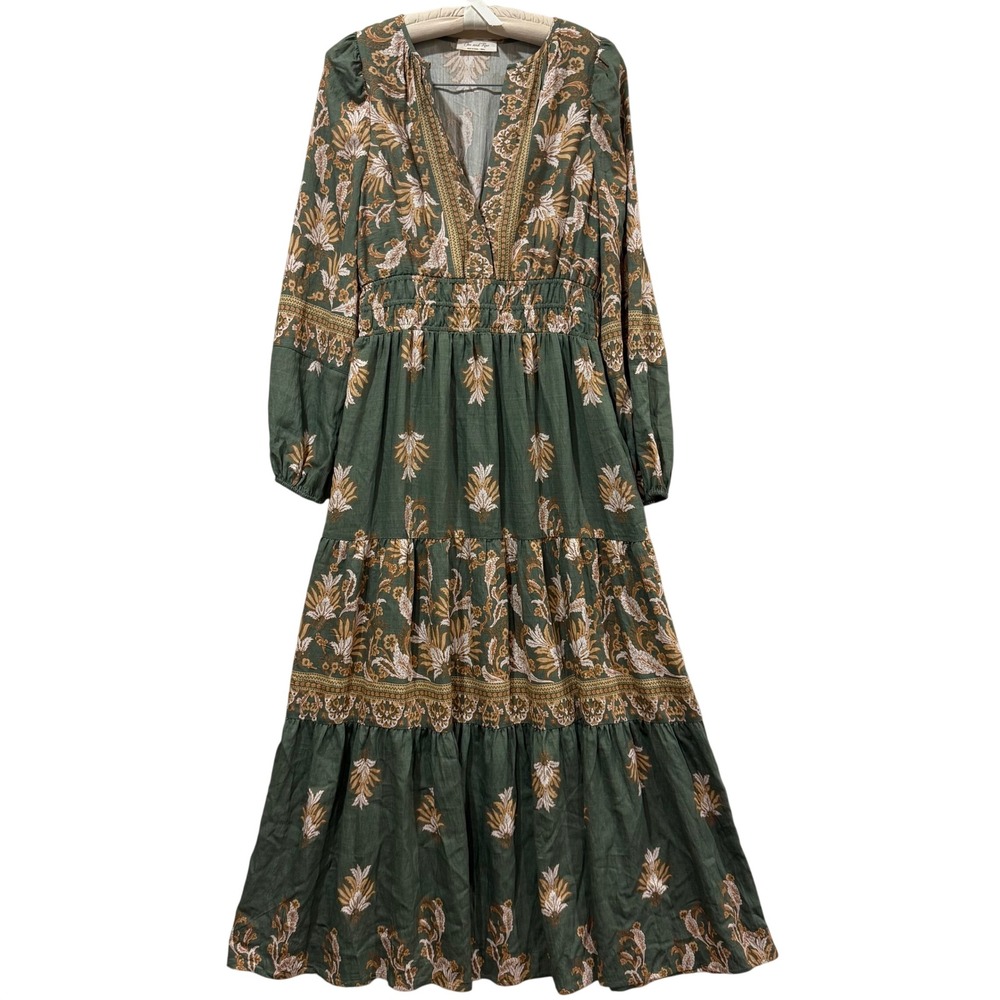 Doe and Rae Green Floral Tiered Maxi Dress Smocked Waist Pockets Small Boho